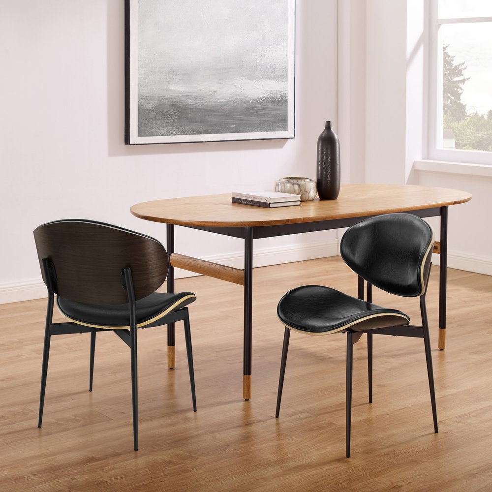 Set of Two Black Faux Leather and Wood Partially Open Back Dining Side Chairs