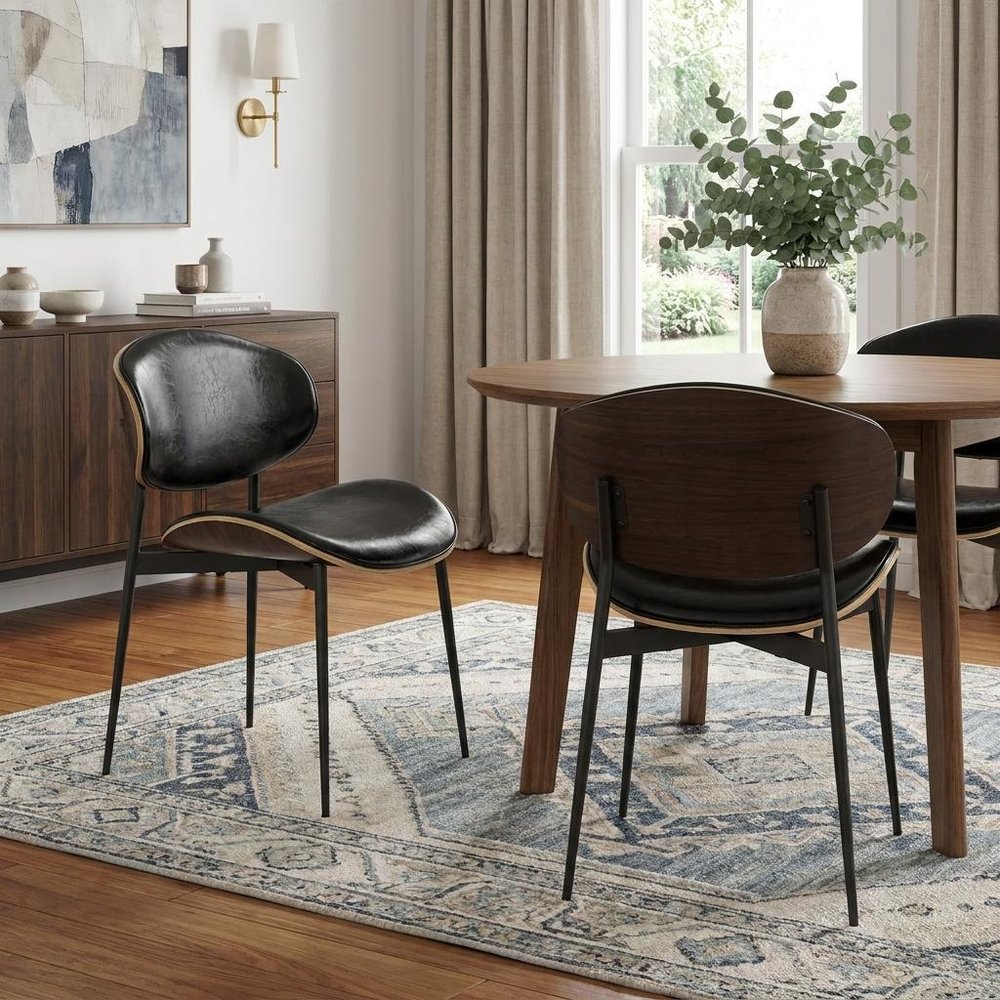 Set of Two Black Faux Leather and Wood Partially Open Back Dining Side Chairs