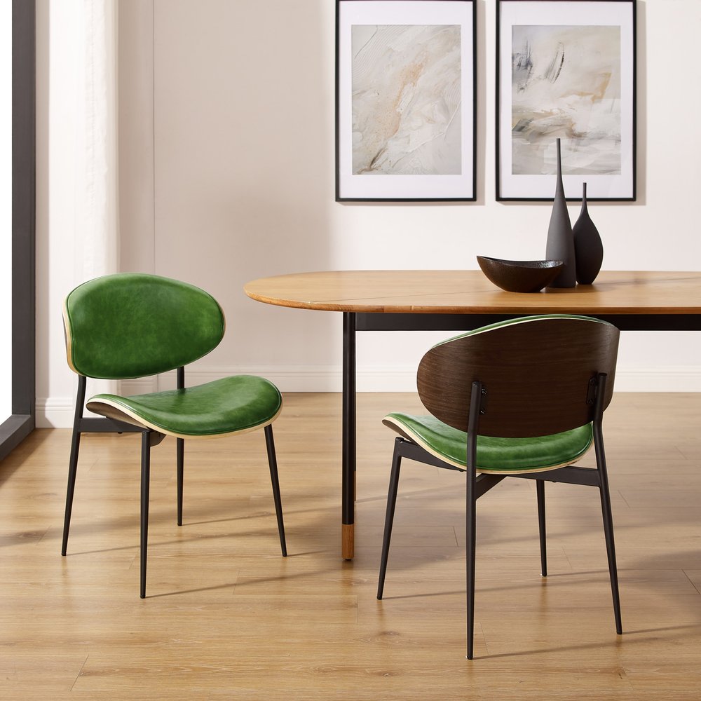 Set of Two Black Faux Leather and Wood Partially Open Back Dining Side Chairs