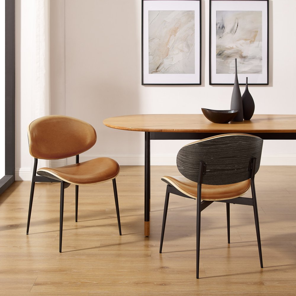 Set of Two Black Faux Leather and Wood Partially Open Back Dining Side Chairs