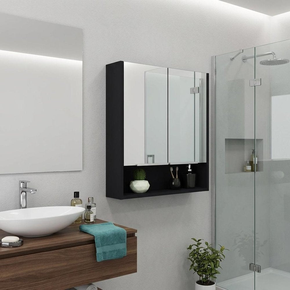 24" Black Wood Wall Mounted Double Door Medicine Cabinet
