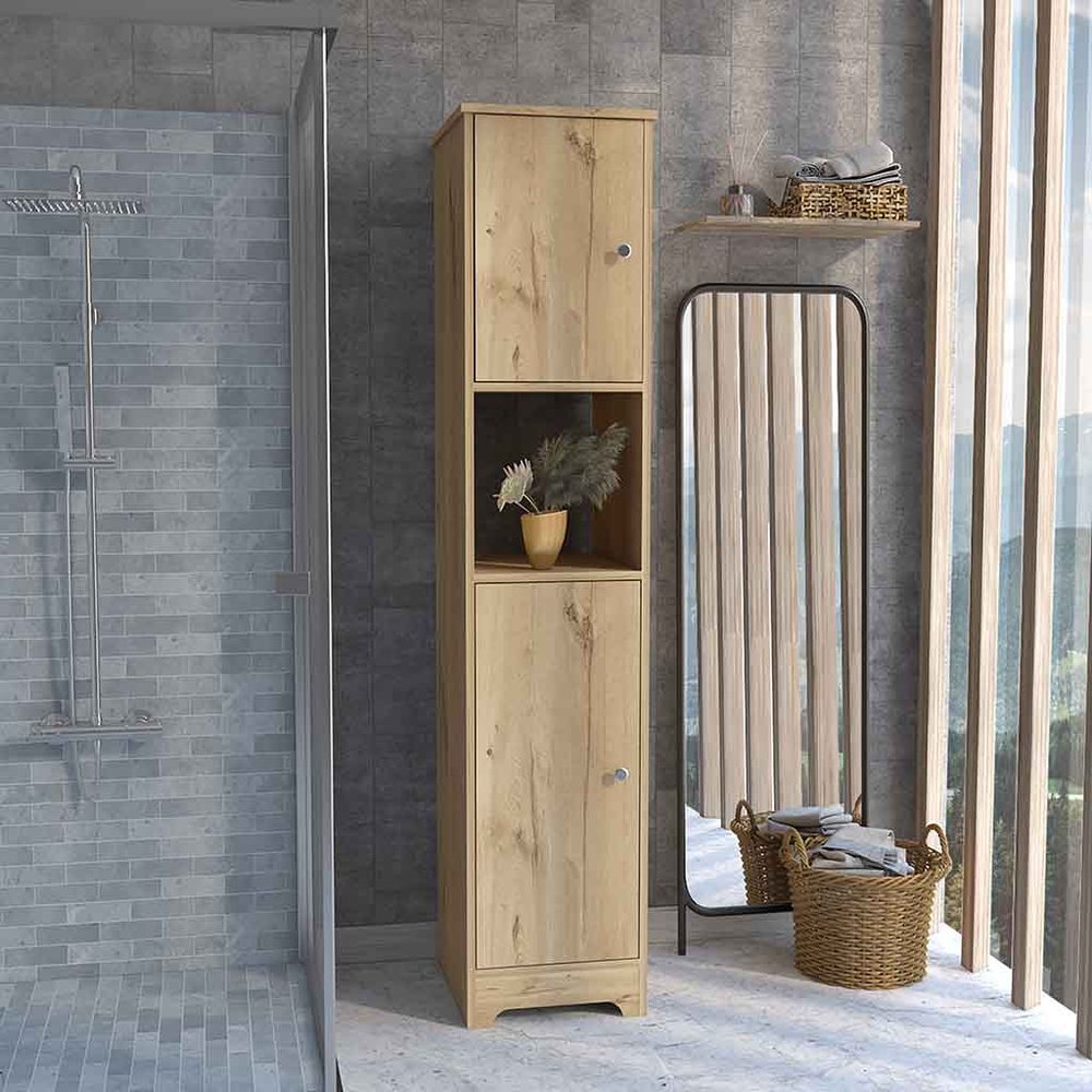 14" Natural Wood Double Door Linen Cabinet