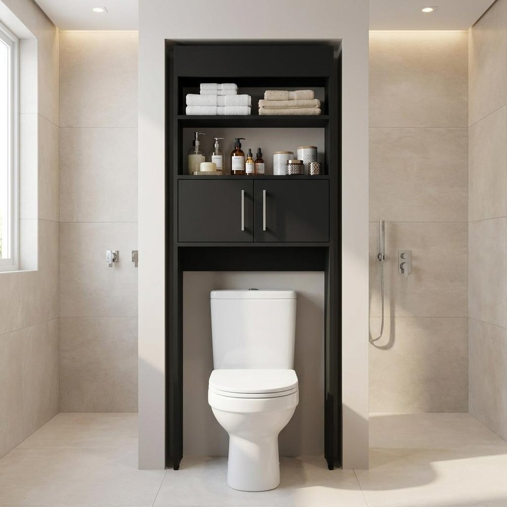 25" Black Wood Recessed Double Door Over-the-Toilet Storage
