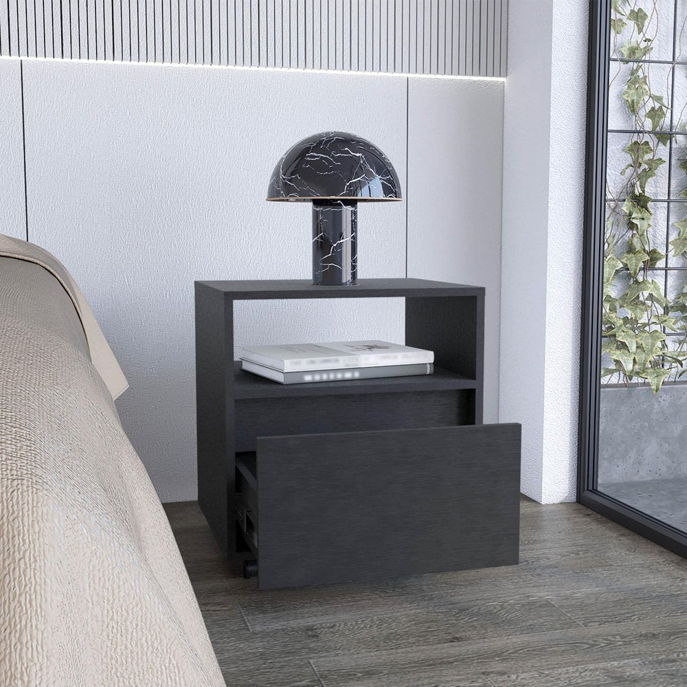 21" Black Wood One Drawer Nightstand