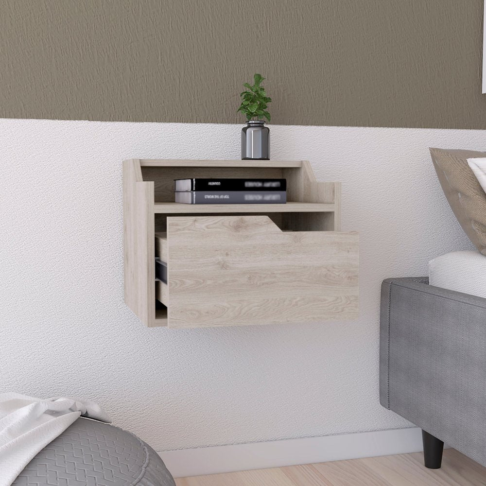 13" Gray Wood One Drawer Floating Nightstand