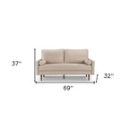 69" Beige Velvet Sofa And Toss Pillows With Dark Brown Legs
