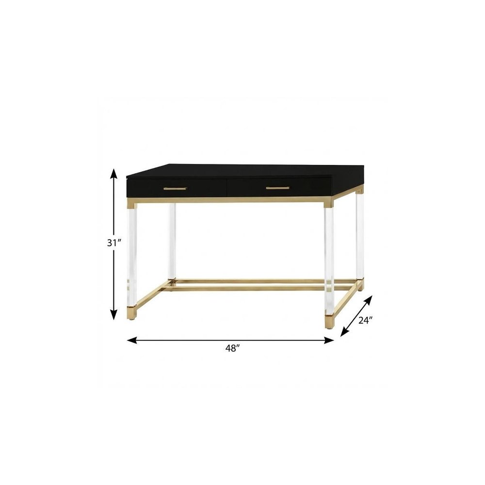 48" Black Clear and Gold Wood Acrylic and Stainless Steel Writing Desk With Two Drawers