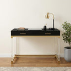 48" Black Clear and Gold Wood Acrylic and Stainless Steel Writing Desk With Two Drawers
