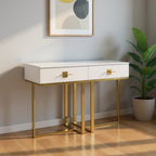 47" White Wood and Gold Stainless Steel Sled Console Table With Two Drawers