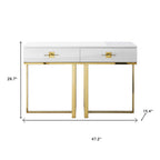 47" White Wood and Gold Stainless Steel Sled Console Table With Two Drawers