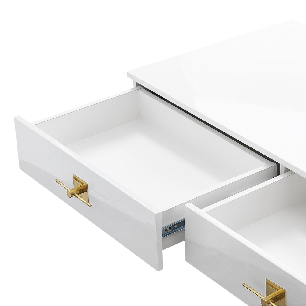 47" White Wood and Gold Stainless Steel Sled Console Table With Two Drawers