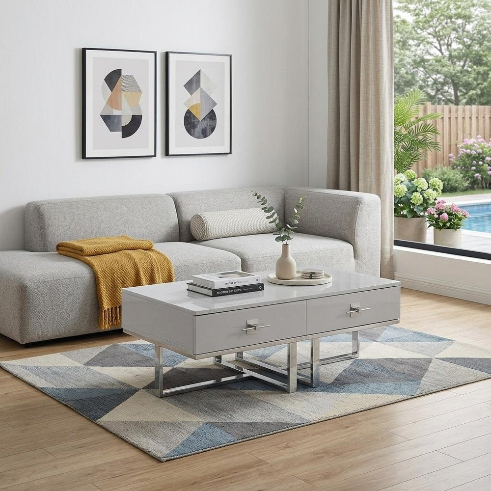 47" Light Gray And Silver Metallic Stainless Steel Coffee Table With Two Drawers