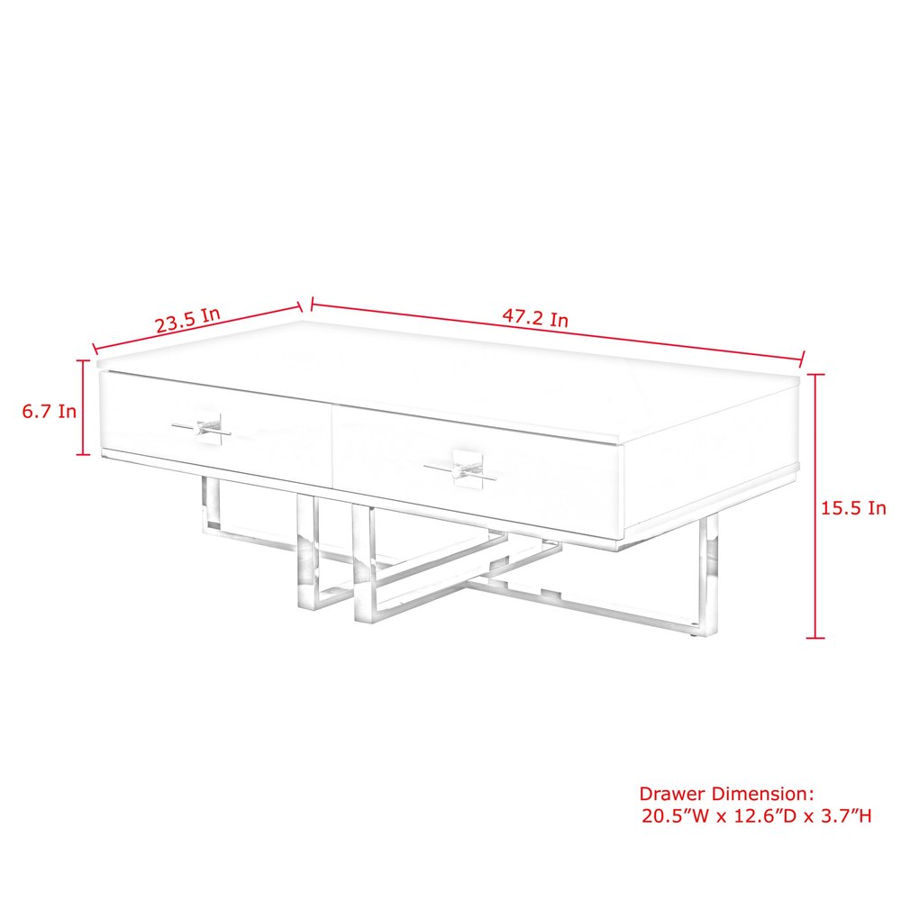 47" Light Gray And Silver Metallic Stainless Steel Coffee Table With Two Drawers