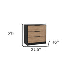 28" Natural And Black Wood Three Drawer Dresser