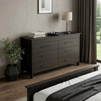 59" Black Wood Six Drawer Double Dresser