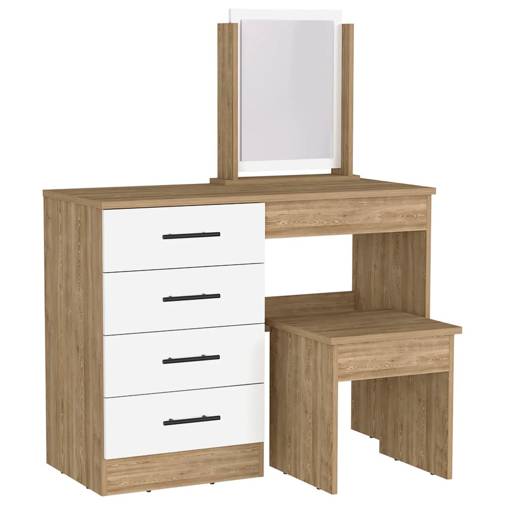 39" Natural And White Wood Four Drawer Vanity Table