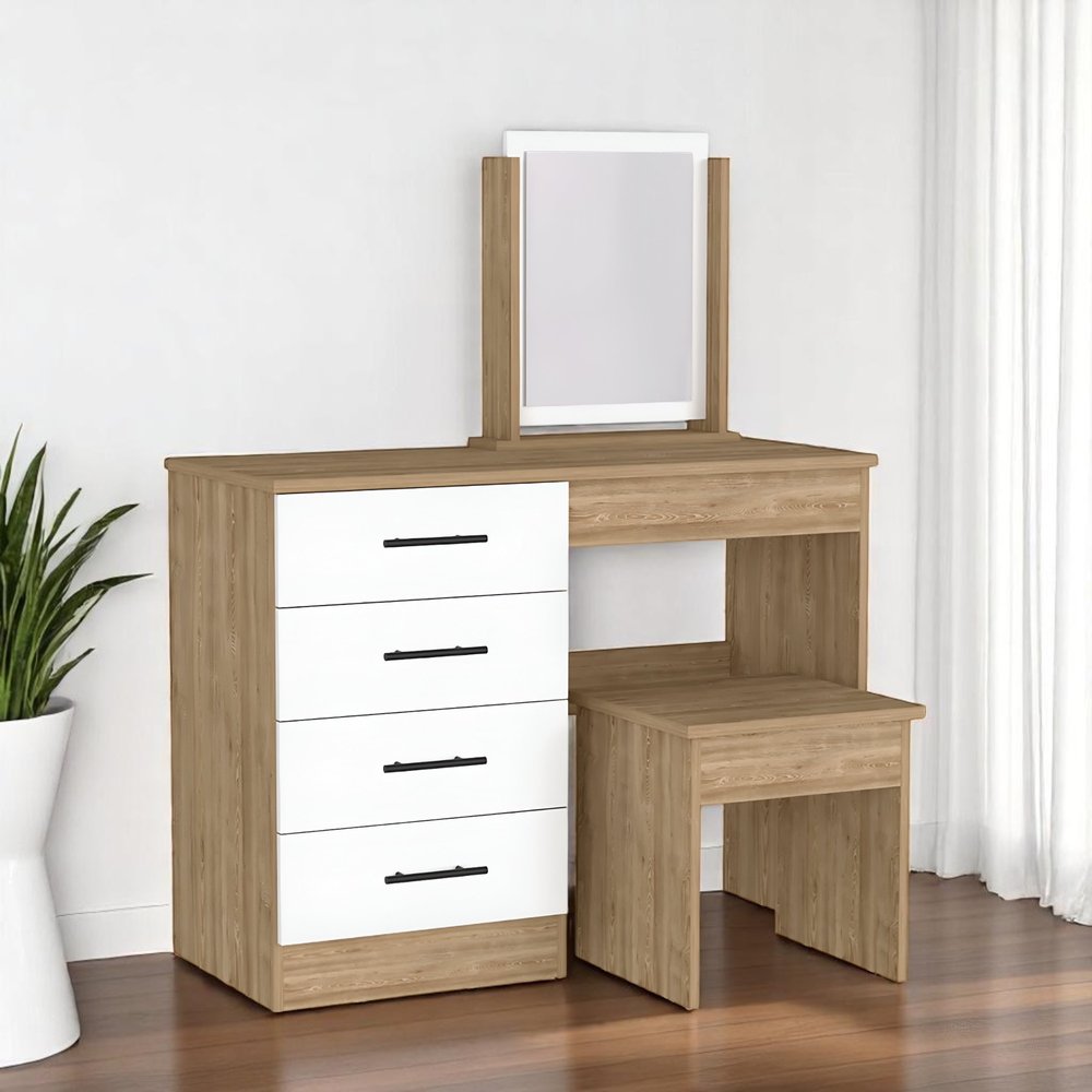 39" Natural And White Wood Four Drawer Vanity Table