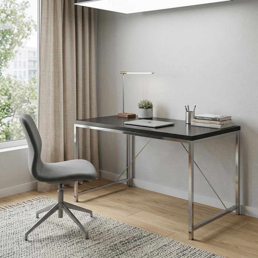 54" Black and Silver Wood and Stainless Steel Writing Desk