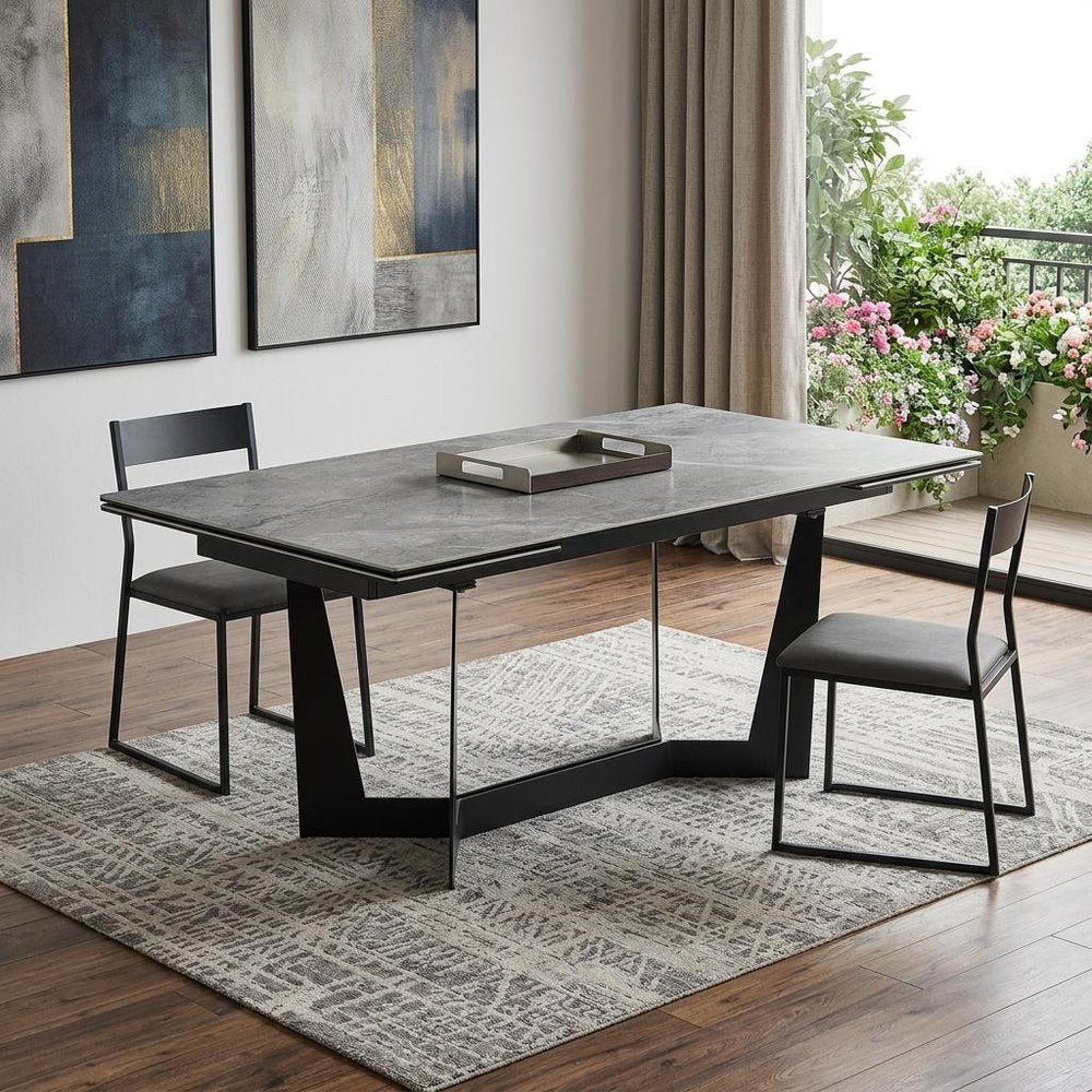 63" Gray And Black Ceramic And Steel Self-Storing Leaf Trestle Base Extendable Dining Table