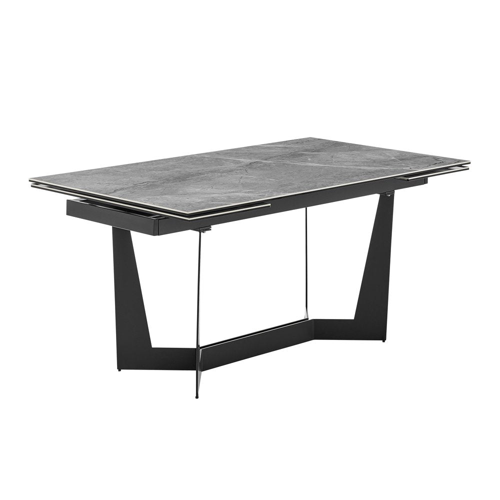 63" Gray And Black Ceramic And Steel Self-Storing Leaf Trestle Base Extendable Dining Table