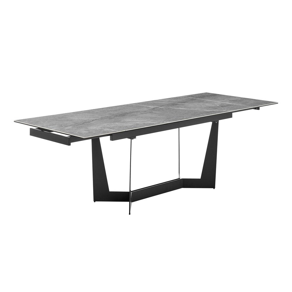 63" Gray And Black Ceramic And Steel Self-Storing Leaf Trestle Base Extendable Dining Table