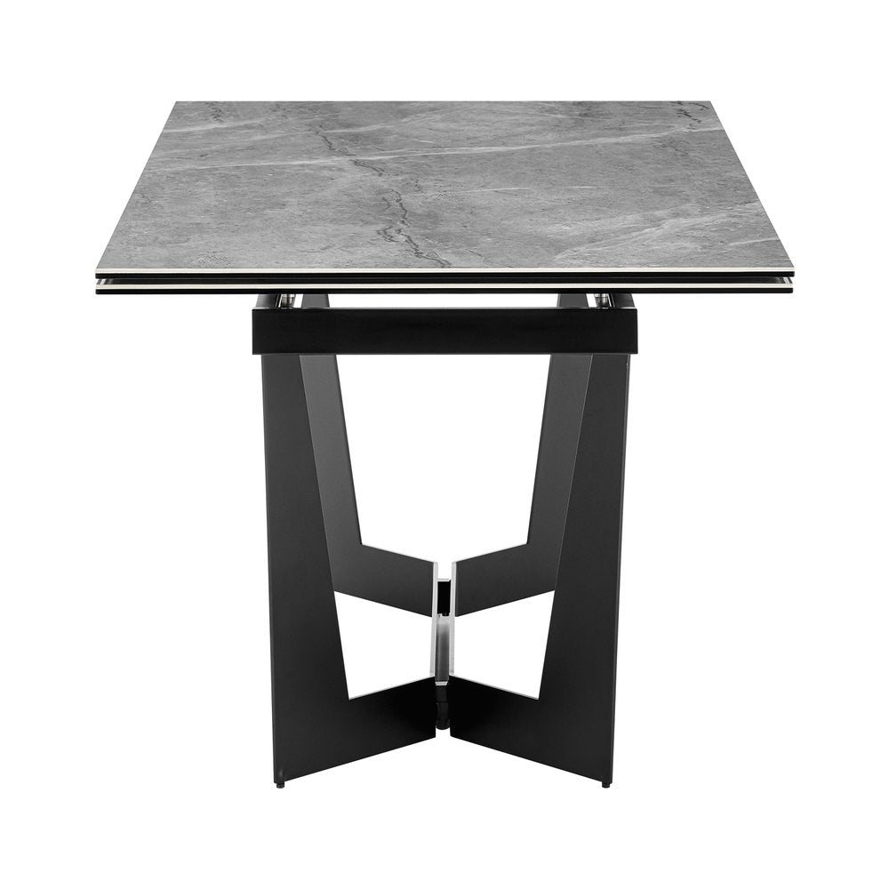 63" Gray And Black Ceramic And Steel Self-Storing Leaf Trestle Base Extendable Dining Table