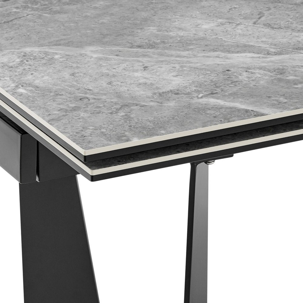 63" Gray And Black Ceramic And Steel Self-Storing Leaf Trestle Base Extendable Dining Table