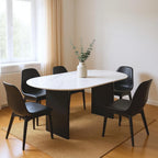 72" White and Black Marble And Solid Wood Sled Base Oval Dining Table