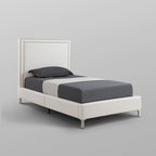 White Solid Wood Twin Upholstered Faux Leather Bed Frame with Nailhead Trim