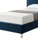 Navy Blue Solid Wood King Upholstered Velvet Bed with Nailhead Trim