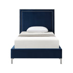 Navy Blue Solid Wood King Upholstered Velvet Bed with Nailhead Trim