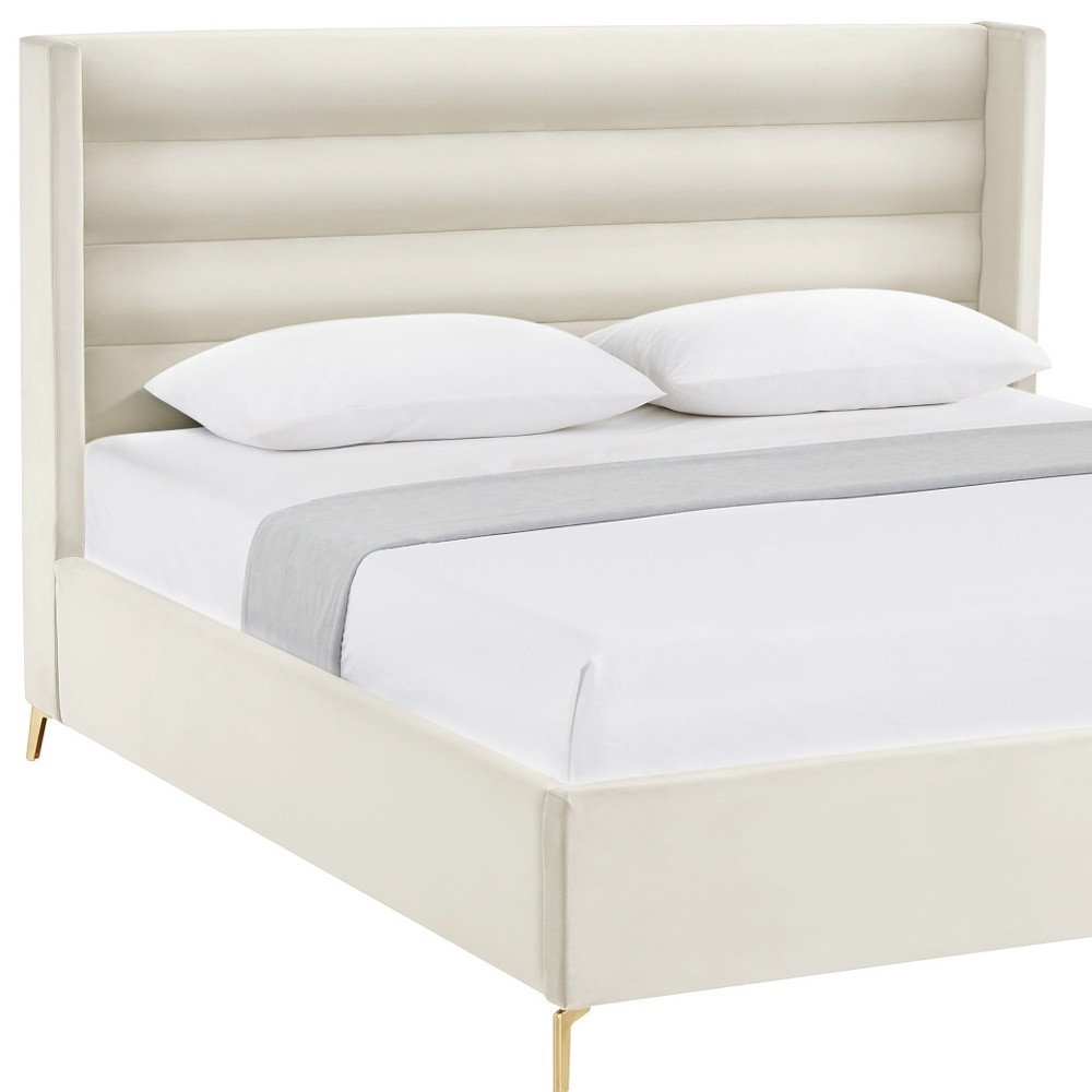 Cream Velvet Upholstered Queen Bed Frame