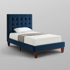 Navy Blue Solid Wood King Tufted Upholstered Velvet Bed