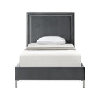 Gray Solid Wood King Upholstered Velvet Bed with Nailhead Trim