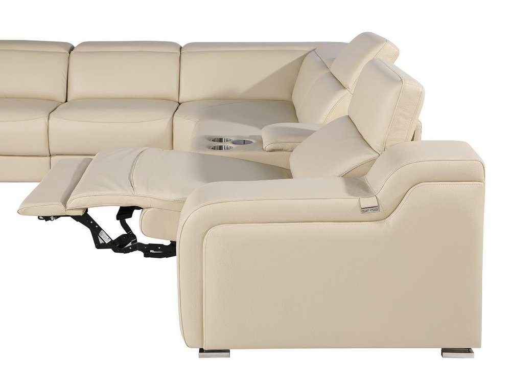 Beige Italian Leather Power Reclining L Shaped Five Piece Corner Sectional