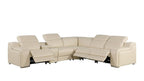 Beige Italian Leather Power Reclining L Shaped Six Piece Corner Sectional With Console