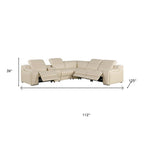 Beige Italian Leather Power Reclining L Shaped Six Piece Corner Sectional With Console
