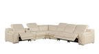 Beige Italian Leather Power Reclining L Shaped Seven Piece Corner Sectional With Console