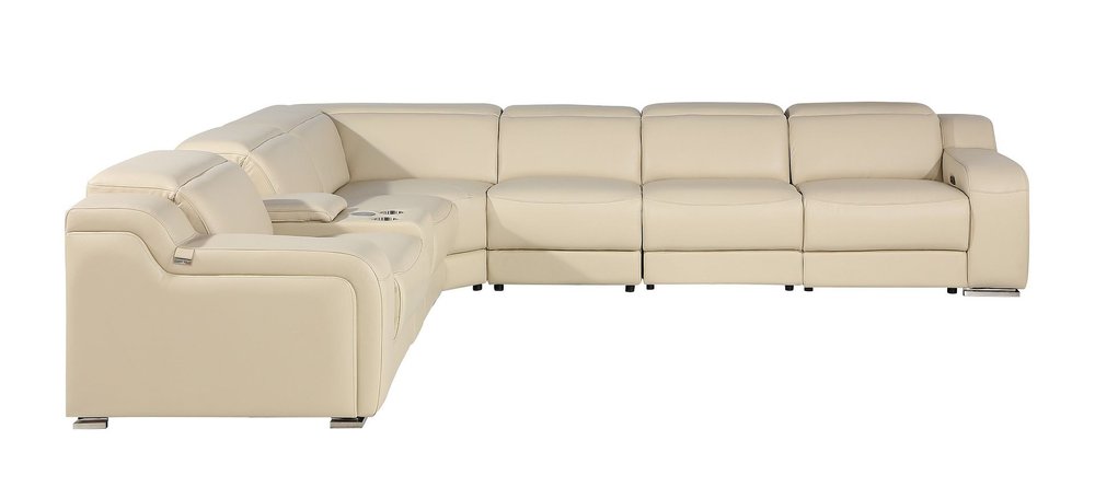 Beige Italian Leather Power Reclining L Shaped Seven Piece Corner Sectional With Console