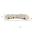 Beige Italian Leather Power Reclining L Shaped Seven Piece Corner Sectional With Console