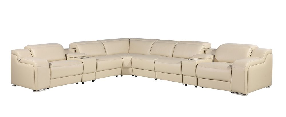 Beige Italian Leather Power Reclining L Shaped Seven Piece Corner Sectional With Console