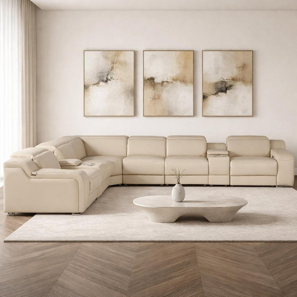 Beige Italian Leather Power Reclining L Shaped Seven Piece Corner Sectional With Console