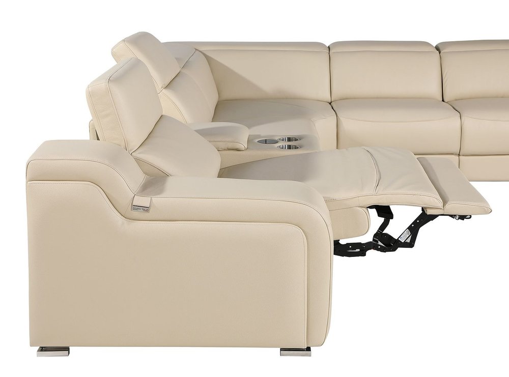 Beige Italian Leather Power Reclining L Shaped Eight Piece Corner Sectional With Console