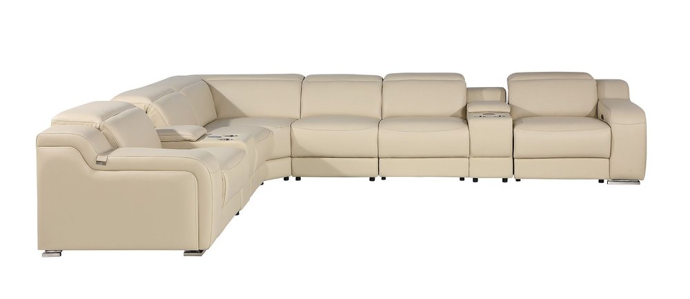 Beige Italian Leather Power Reclining L Shaped Eight Piece Corner Sectional With Console