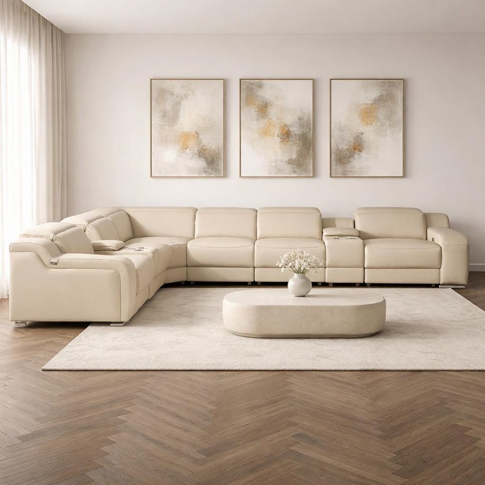 Beige Italian Leather Power Reclining L Shaped Eight Piece Corner Sectional With Console