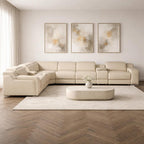 Beige Italian Leather Power Reclining L Shaped Eight Piece Corner Sectional With Console