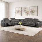Dark Gray Italian Leather Power Reclining L Shaped Seven Piece Corner Sectional With Console