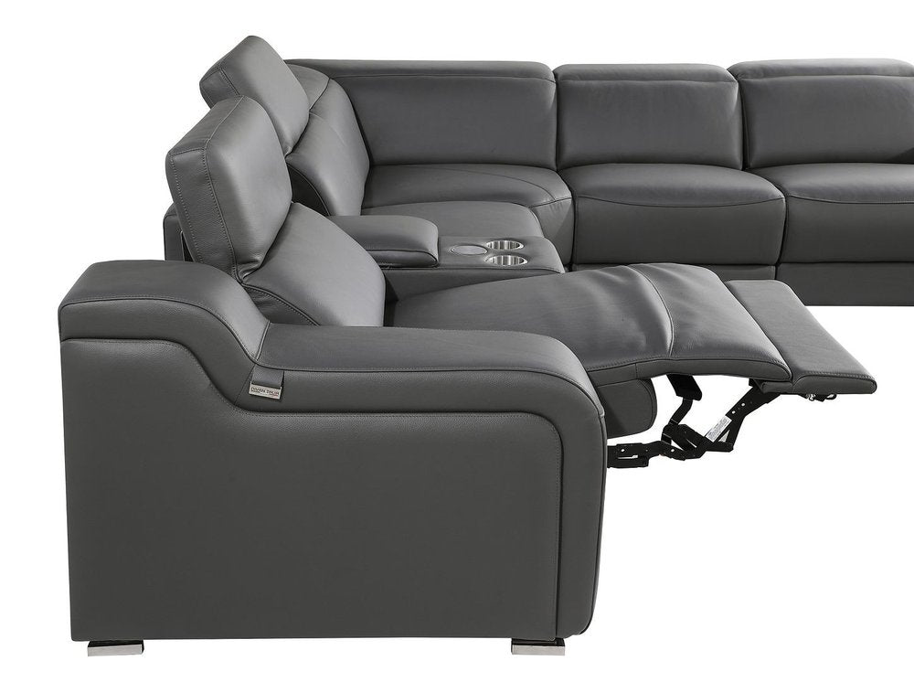 Dark Gray Italian Leather Power Reclining L Shaped Seven Piece Corner Sectional With Console