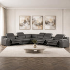 Dark Gray Italian Leather Power Reclining L Shaped Eight Piece Corner Sectional With Console