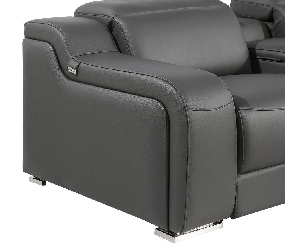 Dark Gray Italian Leather Power Reclining L Shaped Eight Piece Corner Sectional With Console